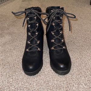 Call It Spring Black Leather Lace Up Heeled Boots